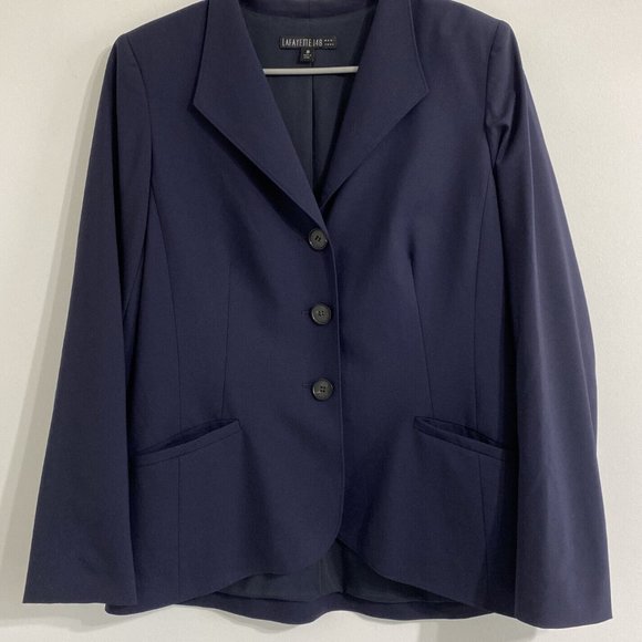 Lafayette 148 New York Blazer Womens 10 Blue Wool Blend Three Button Long Sleeve - Picture 2 of 8
